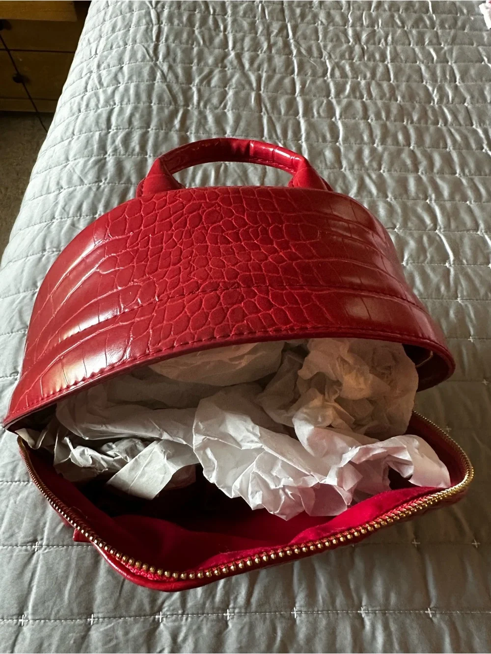 bebe Shiny Red Croc-Embossed Mini Backpack with Gold Logo